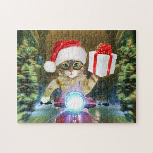 Cat in the Santa Claus hat delivers Christmas gift Puzzle (Horizontal)