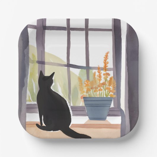Cat in Windowsill | Silhouette Watercolor  Pappteller (Vorderseite)