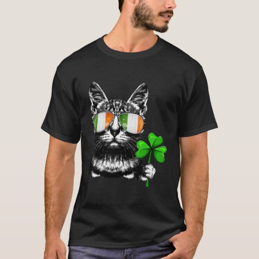 Cat Ireland Flag Sonnenbrille Kleeblatt St Patrick T-Shirt (Vorderseite)