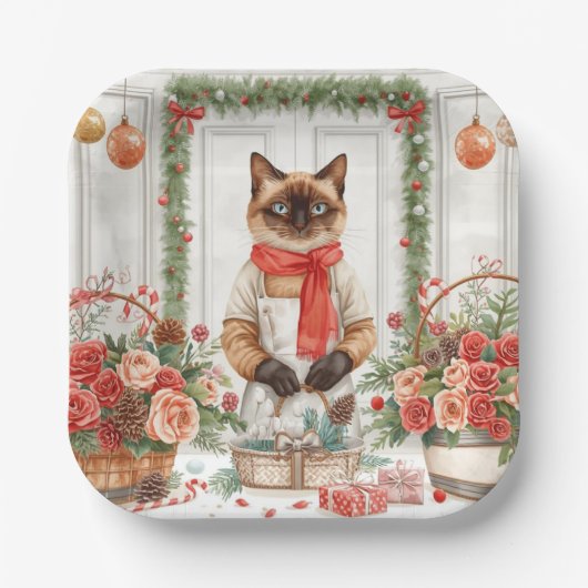 Cat is arranging Christmas Flowers Pappteller (Vorderseite)