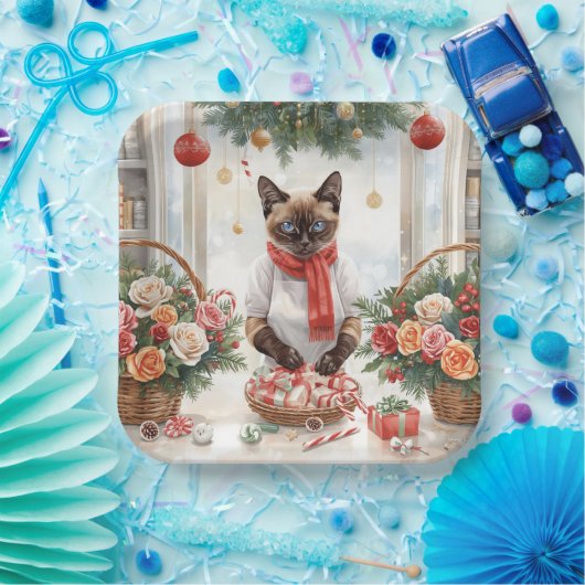 Cat is arranging Christmas Flowers Pappteller (Party)