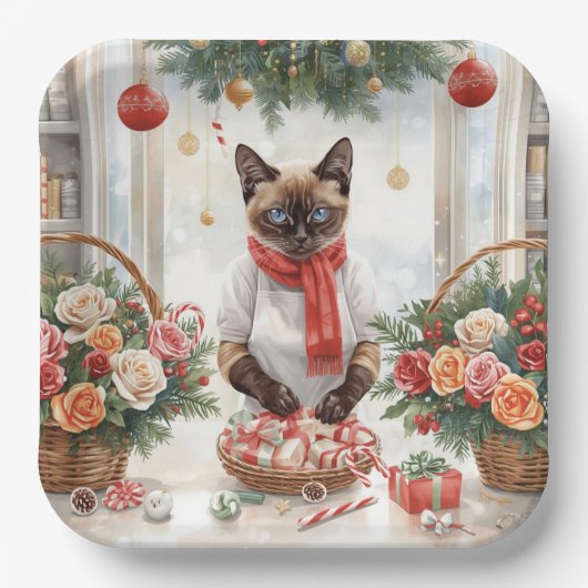 Cat is arranging Christmas Flowers Pappteller (Vorderseite)