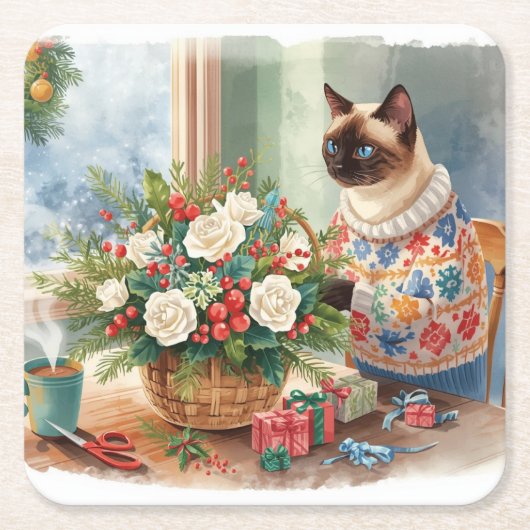 Cat is arranging Christmas Flowers Rechteckiger Pappuntersetzer (Vorderseite)