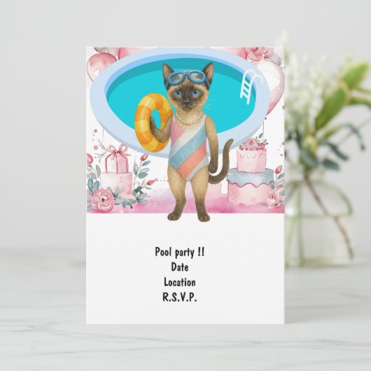 Cat is at the pool for pool party einladung (Stehend Vorderseite)