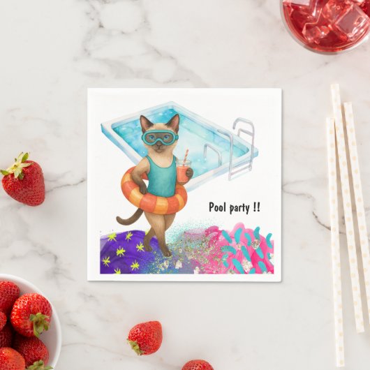 Cat is at the pool for pool party serviette (Beispiel)