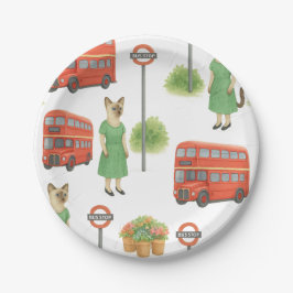 Cat ist in London England mit Double Decker Bus Pappteller