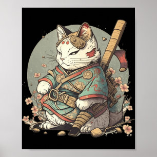 Cat Kawaii Style Samurai Anime Kitten Japanisch Poster