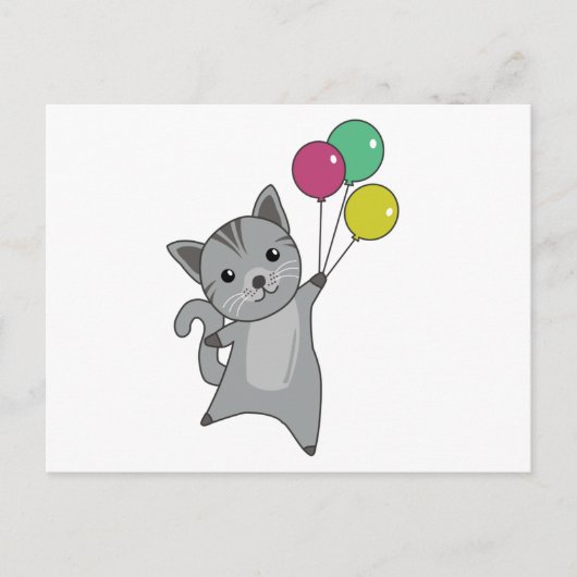 Cat Kitten Balloons Niedlicher Tiere Grau Katzen Postkarte (Vorderseite)