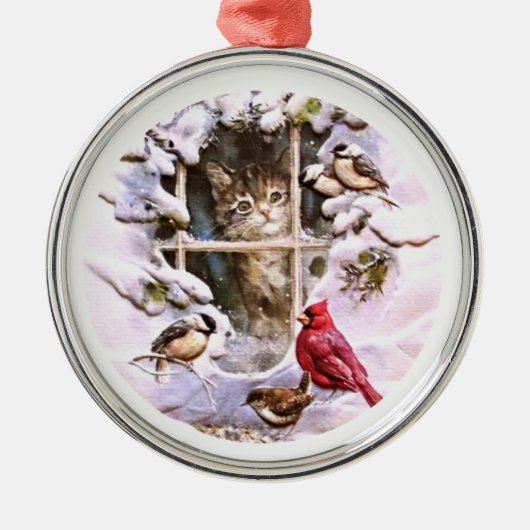 Cat Kitten Birds Snow Family Ornament Aus Metall (Vorne)