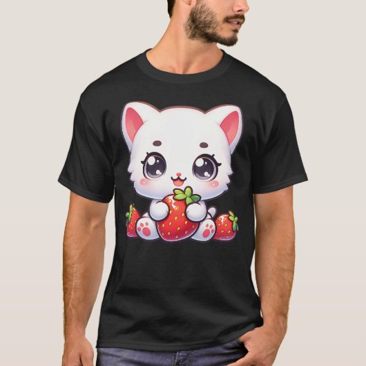 Cat Kitten Eating Strawberries Cute Strawberry Fru T-Shirt (Vorderseite)