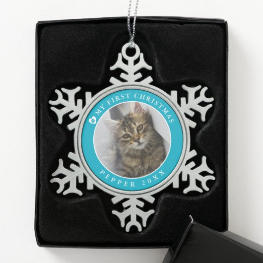 Cat Kitten First Christmas Foto Schneeflocken Zinn-Ornament (Box)