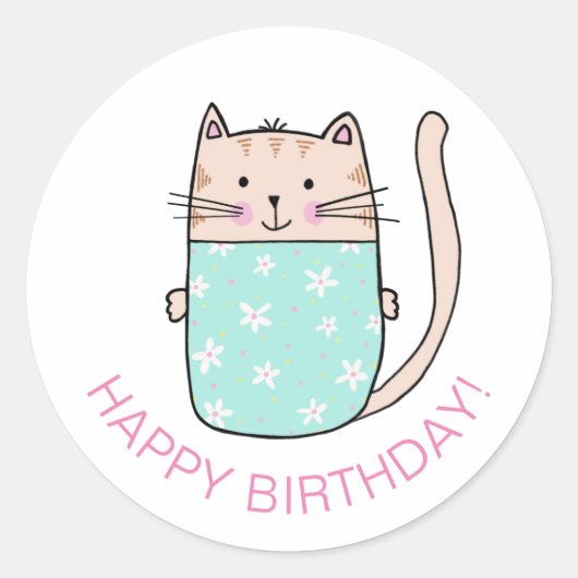Cat Kitten Happy Birthday Runder Aufkleber (Vorderseite)