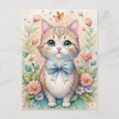 Cat Kitten Pastel Bow Wildflowers Postkarte (Vorderseite)