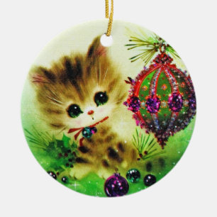 CAT KITTEN VINTAG ART CHRISTMAS ORNANATIONAL KERAMIK ORNAMENT