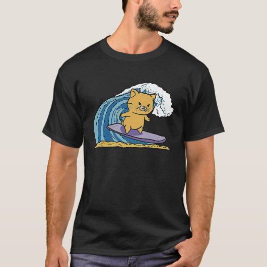 Cat Kitty Kitten Surfen auf einer Welle am Strand T-Shirt (Vorderseite)