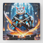 Cat Knight Schwert in magischer Schmiede Quadratische Wanduhr (Vorderseite)