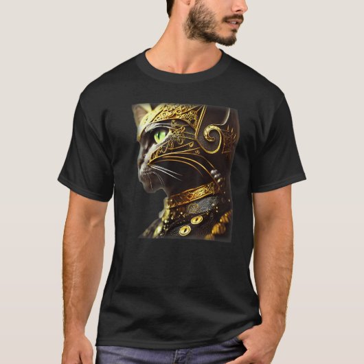 Cat Knight Wearing Gold Filigree Armor Black T-Shirt (Vorderseite)