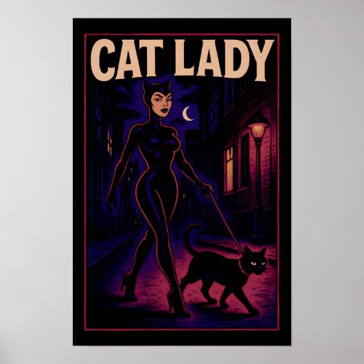 Cat Lady -Cats Art Lover- City Night Comic Graphic Poster (Vorne)