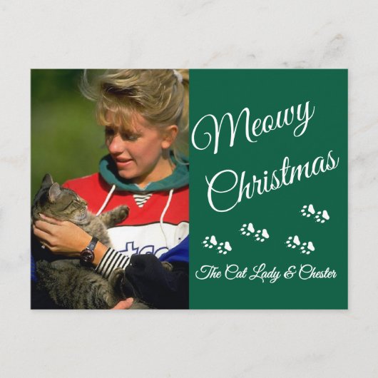 Cat Lady Christmas Photo Holiday Paw Prints Green Postkarte (Vorderseite)