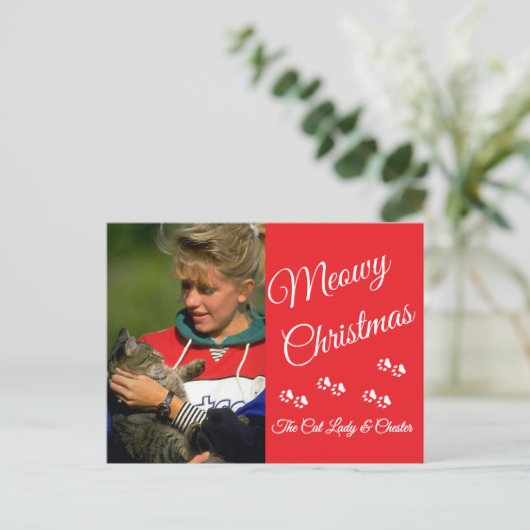 Cat Lady Christmas Photo Holiday Paw Prints Red Postkarte (Stehend Vorderseite)