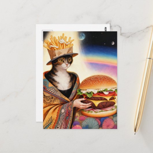 Cat Lady French Fries Hat and a Cheeseburger Postkarte (Vorderseite/Rückseite Beispiel)