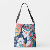 Cat Lady Graphic Illustration Tragetaschen Mit Langen Trägern (Rückseite)
