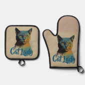 Cat Lady Oven Mitt & Pot Holder Ofenhandschuh & Topflappen-Set (Vorderseite)