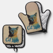 Cat Lady Oven Mitt & Pot Holder Ofenhandschuh & Topflappen-Set (Vorderseite/Rückseite)