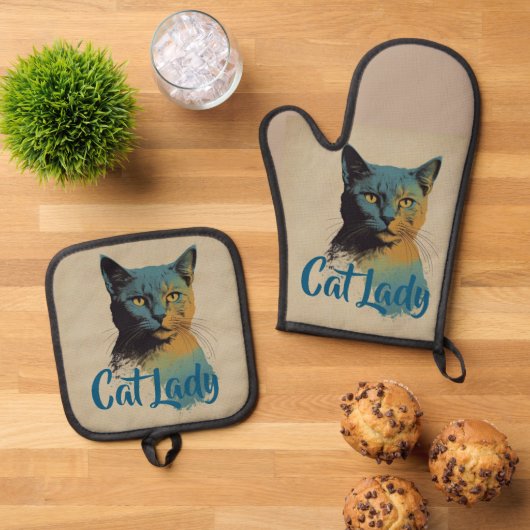 Cat Lady Oven Mitt & Pot Holder Ofenhandschuh & Topflappen-Set (Oben Unten)