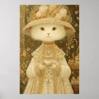Cat Lady Snow – viktorianische Katze mit Teetasse Poster