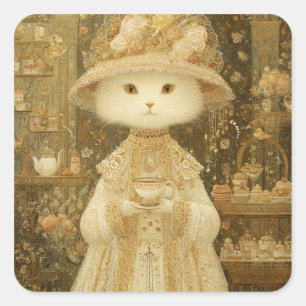 Cat Lady Snow – viktorianische Katze mit Teetasse Quadratischer Aufkleber