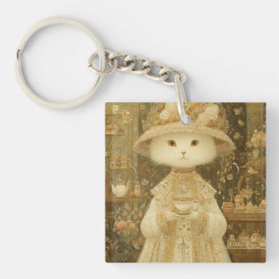 Cat Lady Snow – viktorianische Katze mit Teetasse Schlüsselanhänger