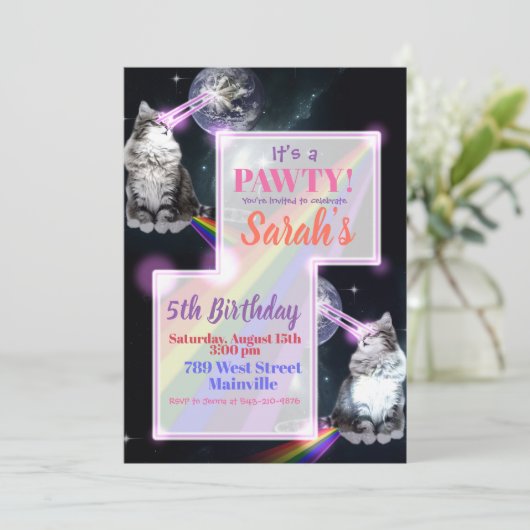 Cat Laser and Rainbow Party Einladung (Stehend Vorderseite)
