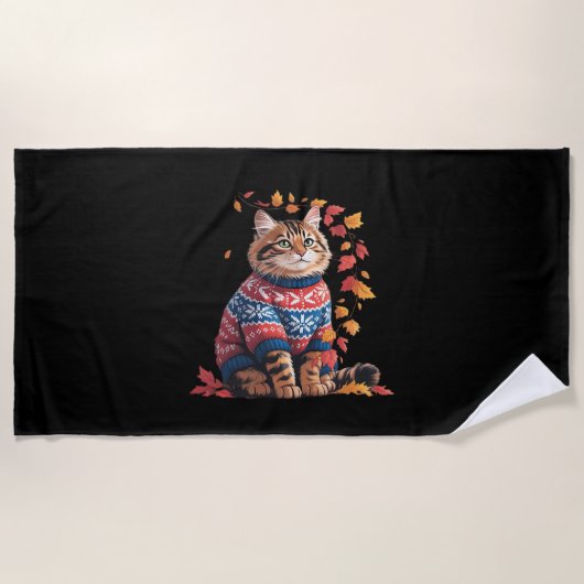 Cat Leaf Fall Hallo Herbst Funny Cat Kitten Lover Strandtuch (Vorderseite)