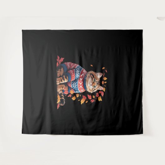 Cat Leaf Fall Hallo Herbst Funny Cat Kitten Lover Wandteppich (Vorderseite (Horizontal))