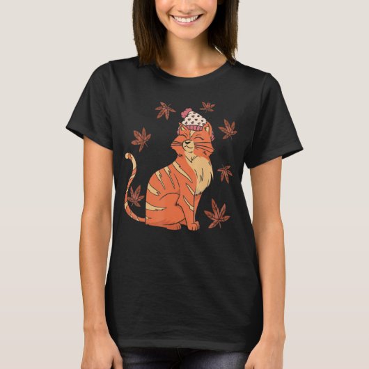 Cat Leaf Fall Hallo Herbst T-Shirt (Vorderseite)