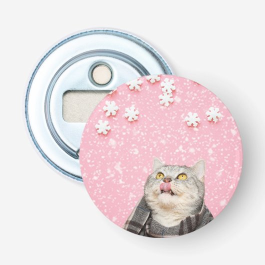Cat Licking Snowflakes Button Flaschenöffner (Vorderseite)