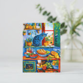 Cat Looking Out Kitchenfenster Postkarte (Stehend Vorderseite)