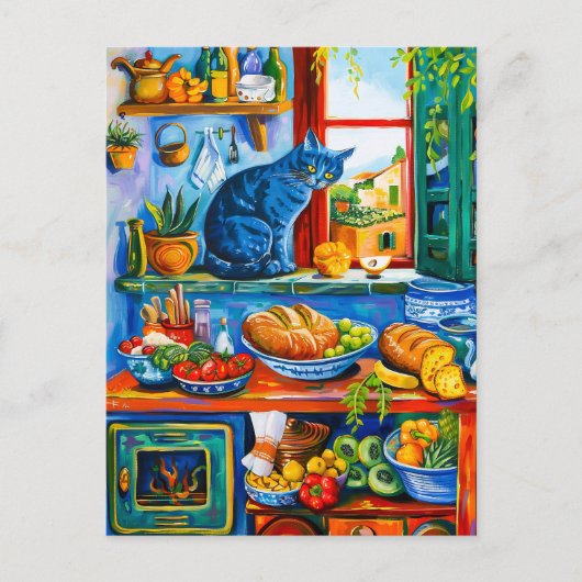 Cat Looking Out Kitchenfenster Postkarte (Vorderseite)