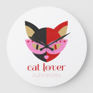 Cat Lover Cute Black Red Pink Name Personalized Große Wanduhr
