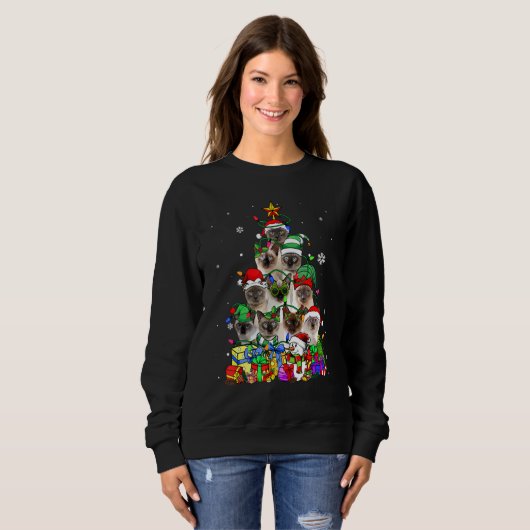Cat Lover Funny Siamese Tree Christmas Light Sweatshirt (Vorne ganz)
