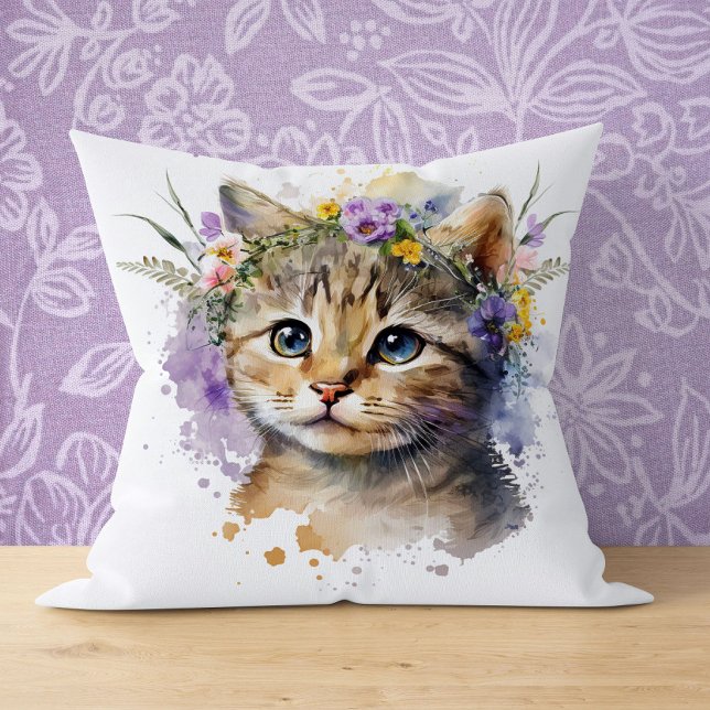 Cat Lover Gift - Wasserfarbkatze mit Blume Kissen (Von Creator hochgeladen)