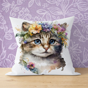 Cat Lover Gift - Wasserfarbkatze mit Blume Kissen