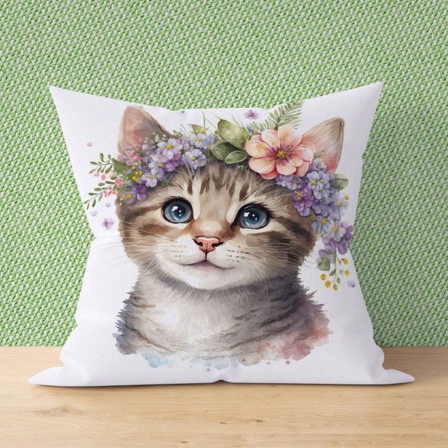 Cat Lover Gift - Wasserfarbkatze mit Blume Kissen (Von Creator hochgeladen)