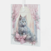 Cat Lover Gray Kitten Pink Bow Ornament Aus Glas (Vorderseite links)