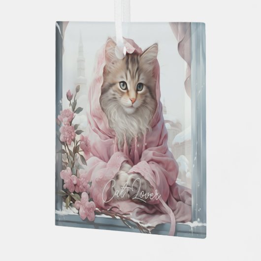 Cat Lover Gray White Kitten Pink Frilly Clothes Ornament Aus Glas (Vorderseite links)