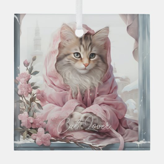 Cat Lover Gray White Kitten Pink Frilly Clothes Ornament Aus Glas (Vorderseite)