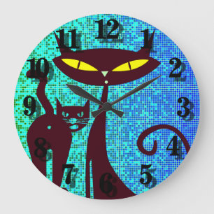 Cat Lover Illustration in Aqua Blue Background Große Wanduhr
