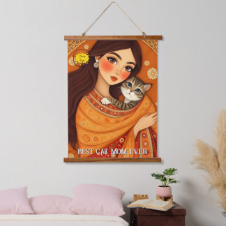 Cat lover Mom Photo  orange Wandteppich Mit Holzrahmen