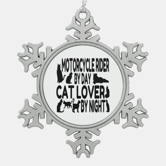 Cat Lover Motorradfahrer Schneeflocken Zinn-Ornament (Vorderseite)